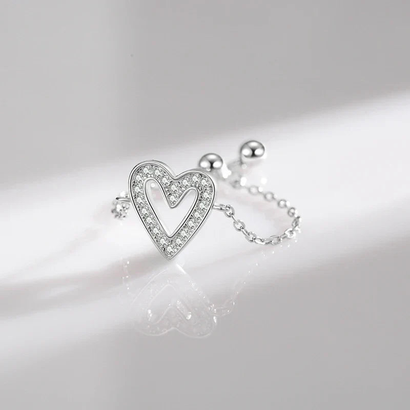 Bague Argent Femme Réglable | Bague Chaîne Symbole Coeur