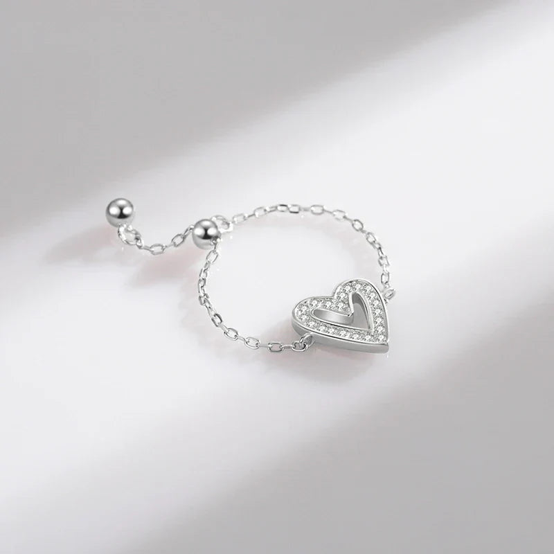 Bague Argent Femme Réglable | Bague Chaîne Symbole Coeur