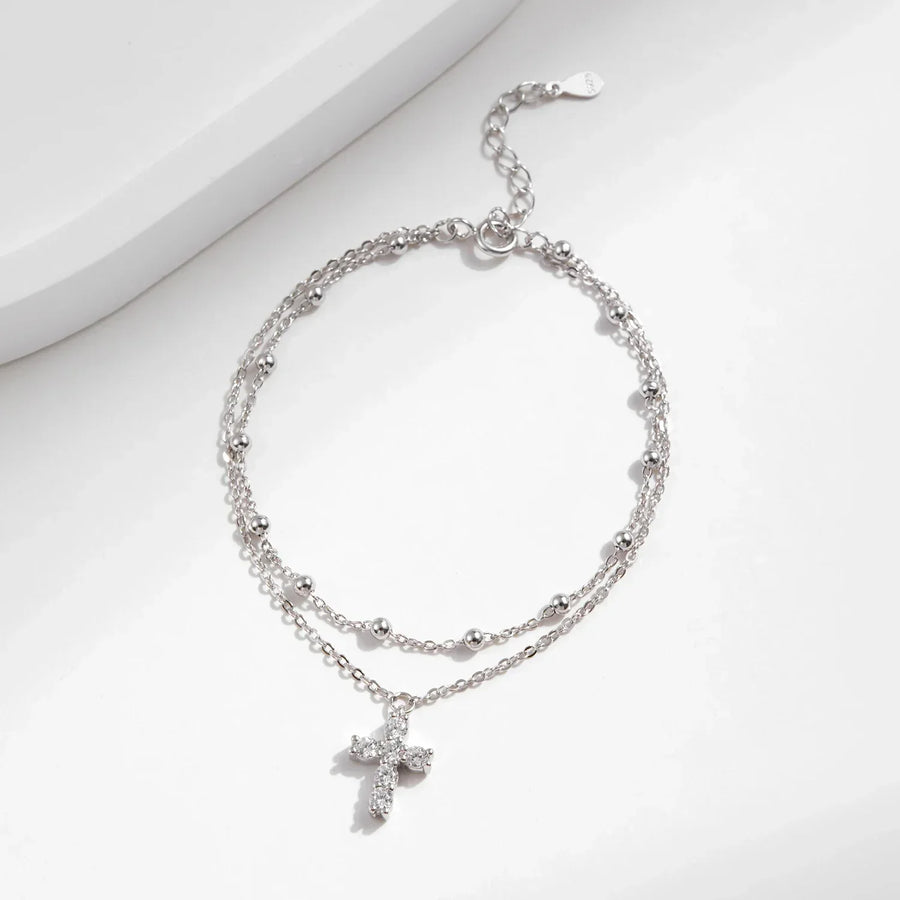 Bracelet Argent Femme | Bracelet Multi-Rangs avec Croix