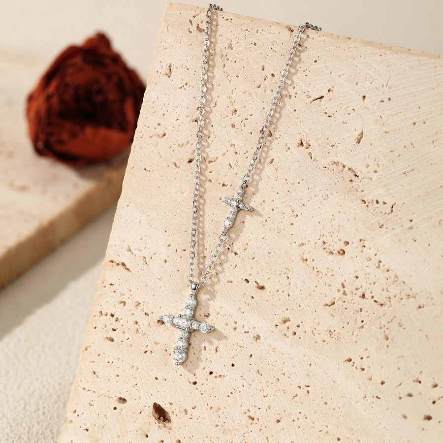 Détail pendentif double croix zircon cubique argent 925 | Célestine