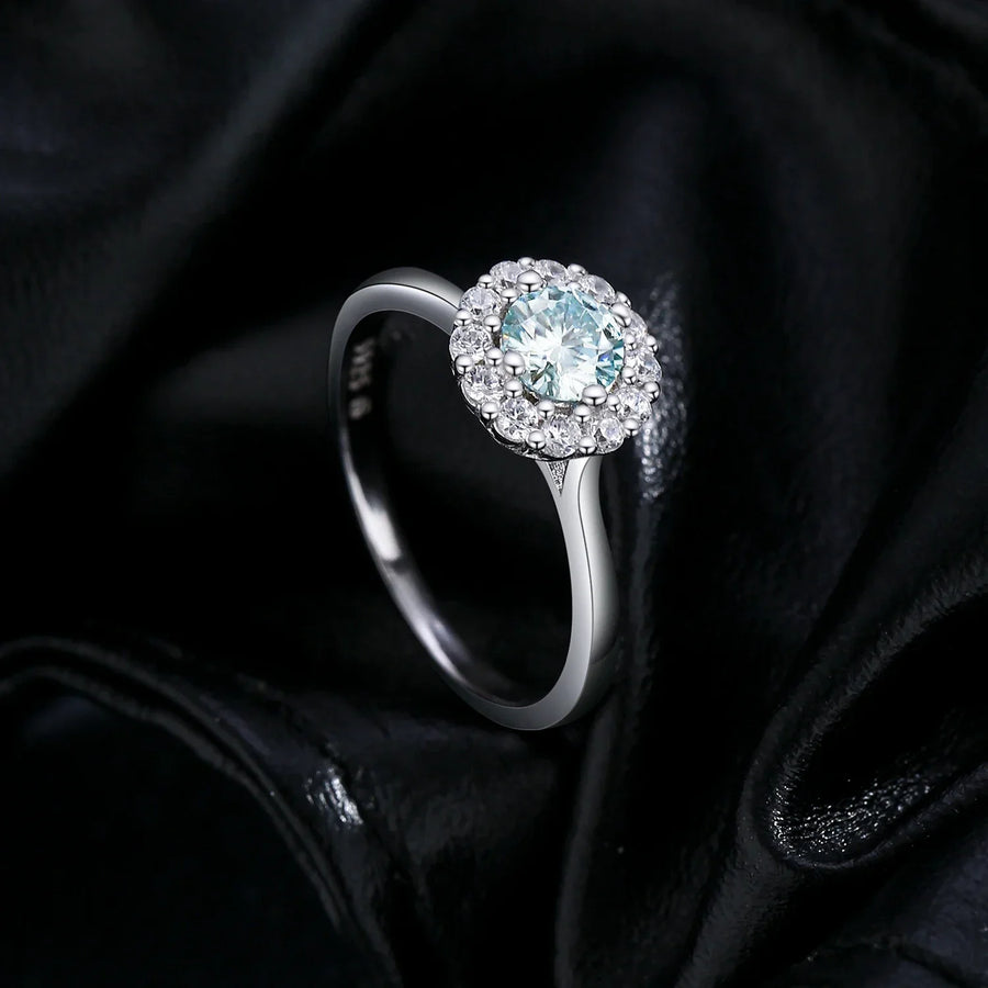 Bague Argent Femme | Bague de Fiançailles Halo Moissanite