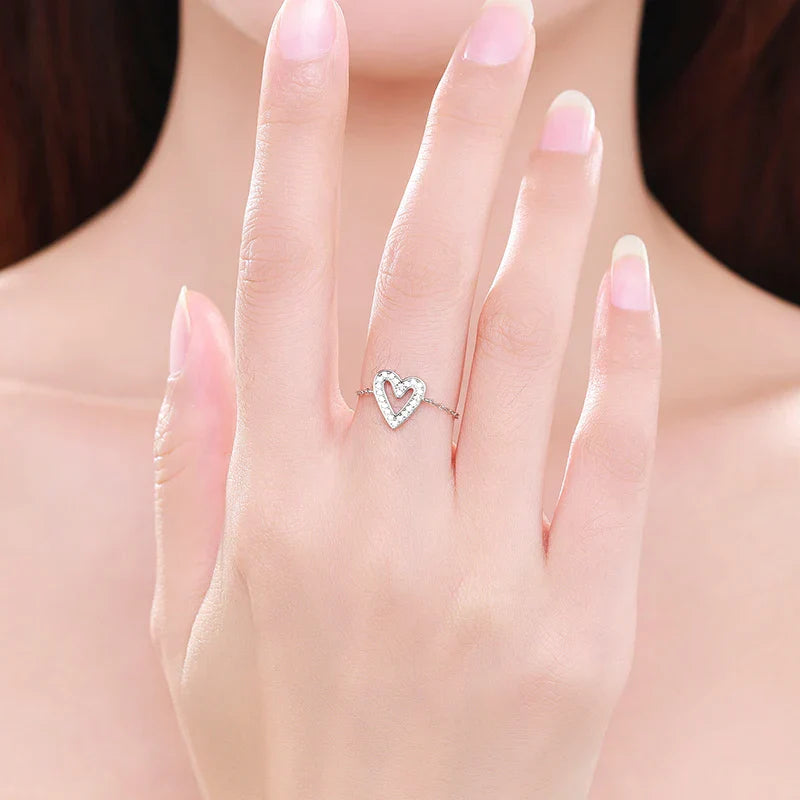 Bague Argent Femme Réglable | Bague Chaîne Symbole Coeur